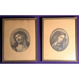Antique Jesus & Mary Mezzographs signed Carlos Dolci Ecce Homo/Mater Dolorosa